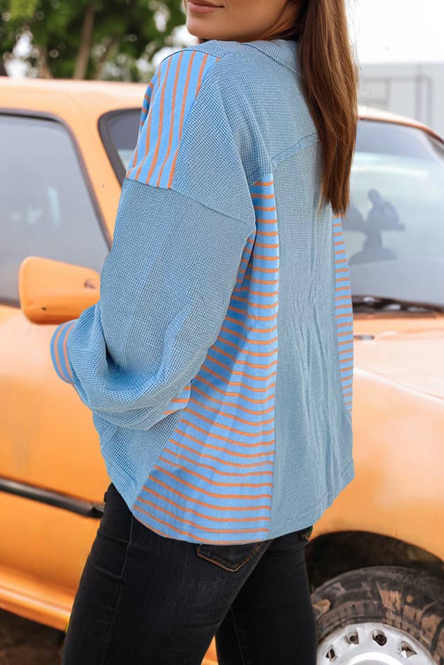 fashionworks - Wholesale Sweatshirt - Women's - Fashion Exposed Seam Waffle Striped Patchwork Baggy Pullover1