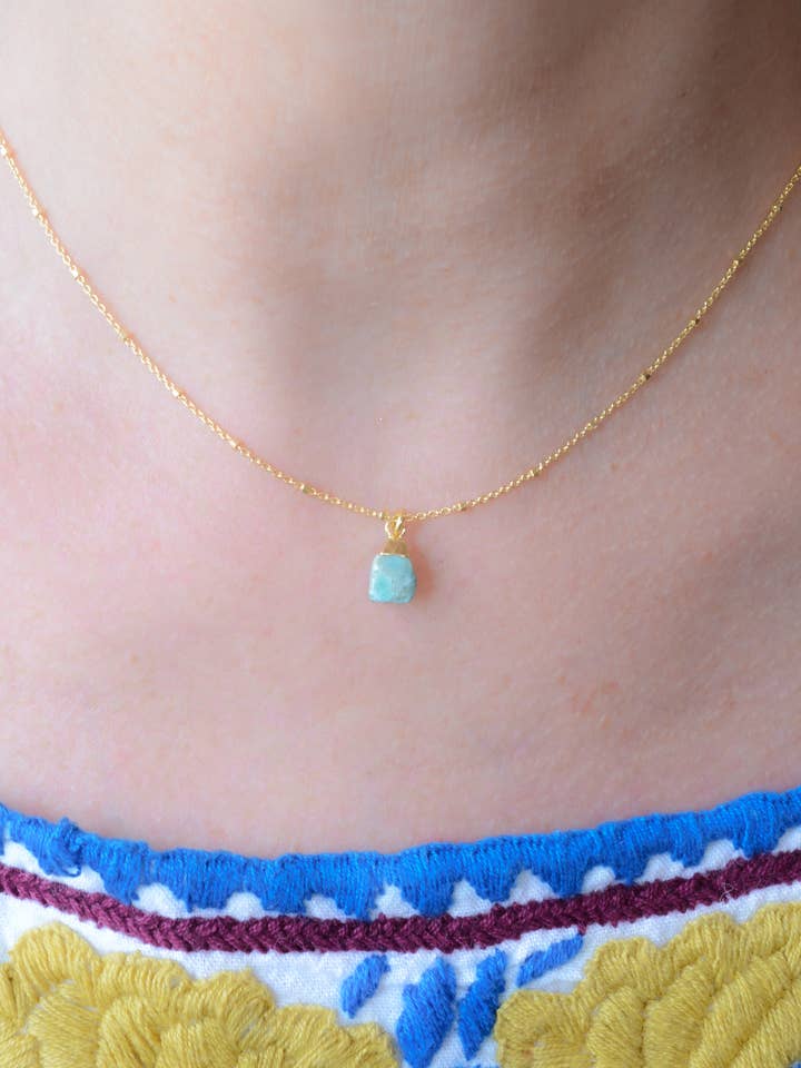 Gold Necklace With Rough Cut Kingman Turquoise Pendant for wholesale by AJS Design Studio