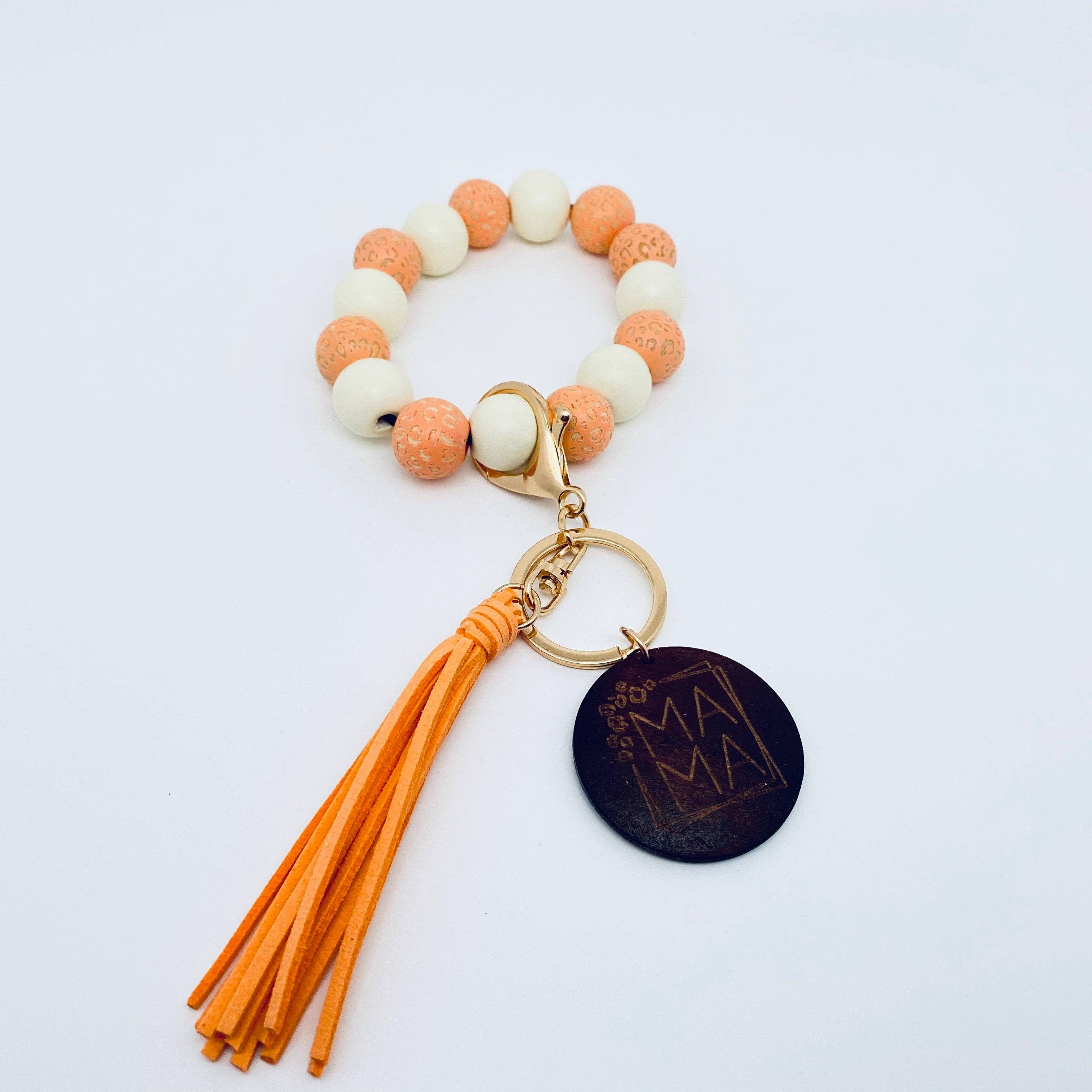 Mio Queena – Engroshandel Nøgleringarmbånd – MAMA vedhæng i træ med perler og elastisk armbånd til nøgler10
