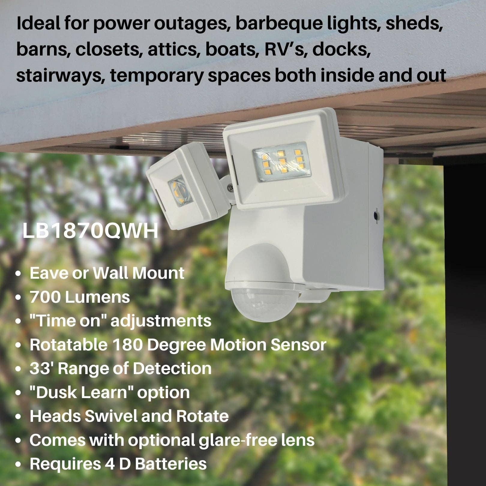 FLI Products - Wholesale Outdoor/Lawn Light - IQ America LED Motion Security Flood Light, Battery-Powered Universal Mount, 700 Lumen Closet Shed Storage Attic Workshop Barbeque Light WH3