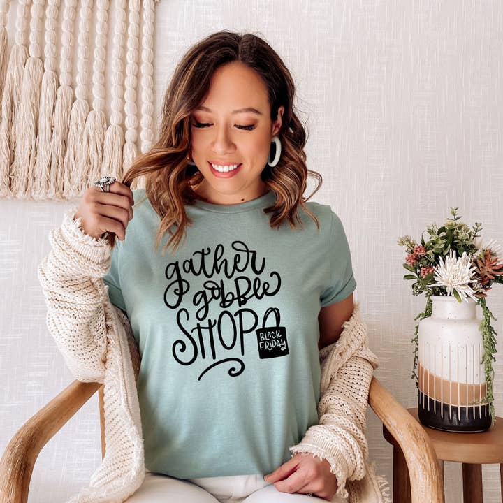 Gather Gobble Shop Dusty Blue Tee Black Ink for wholesale by Simply Tees