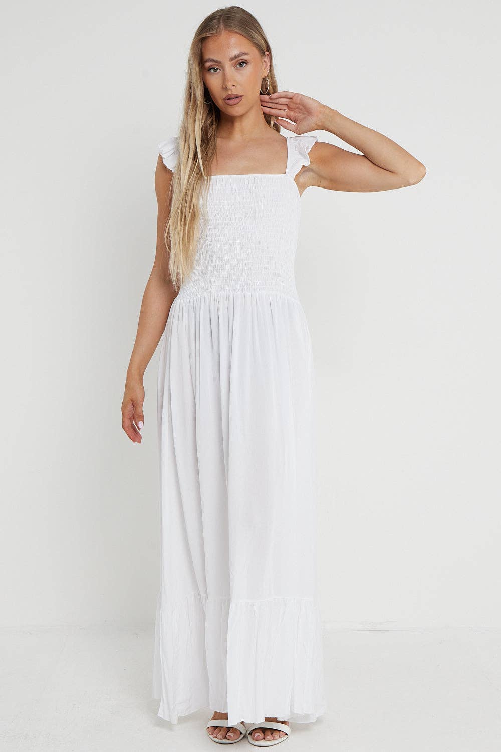 Aftershock London – wholesale Dress – Women's – White Shirred Maxi Dress With Frill2