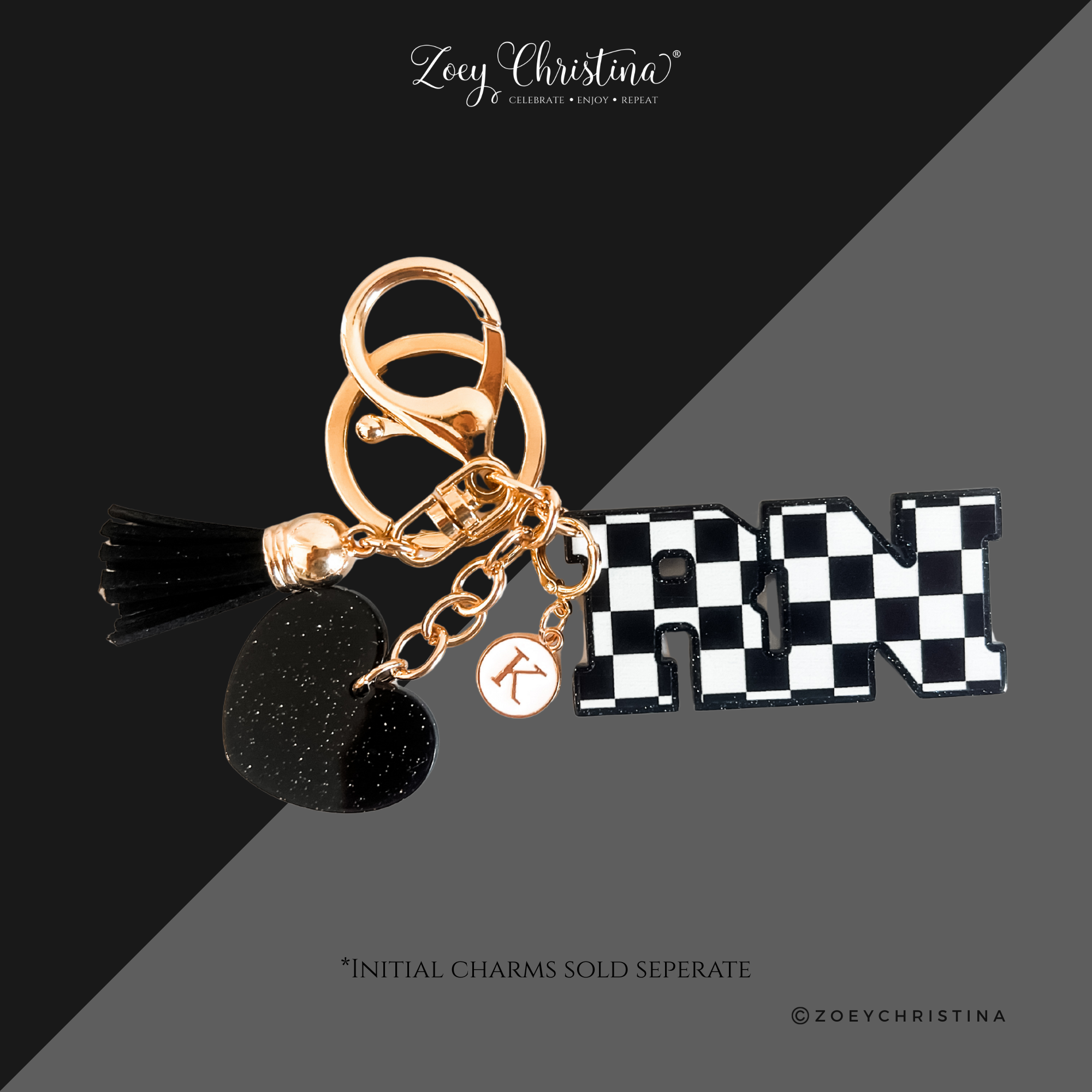 Zoey Christina - Wholesale Keychain - Women's - RN Keychain – Checkerboard Letter Charm with Tassel & Heart0