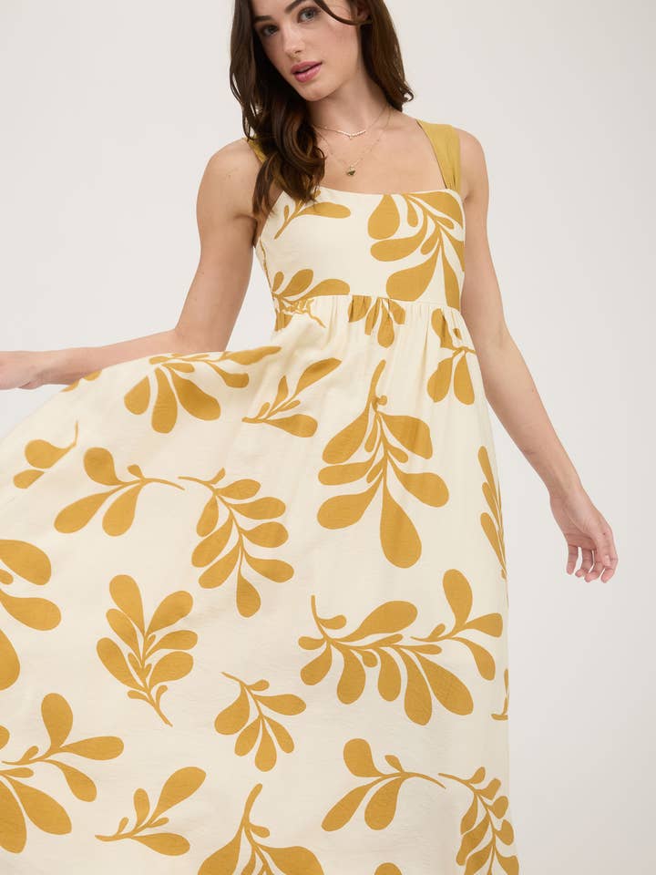 Blu Pepper - Wholesale Dress - Women's - LEAF PRINT BACK TIE STRAP EMPIRE WAIST MIDI DRESS