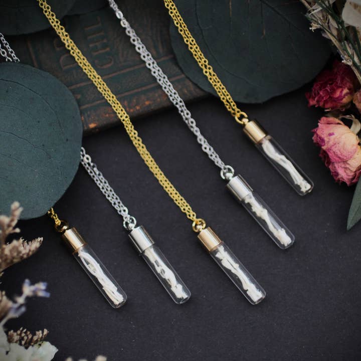 Kitty Bomb Curios - Wholesale Pendant/Charm Necklace - Bone Vial Necklaces | Oddities jewelry mini glass jar teeth4