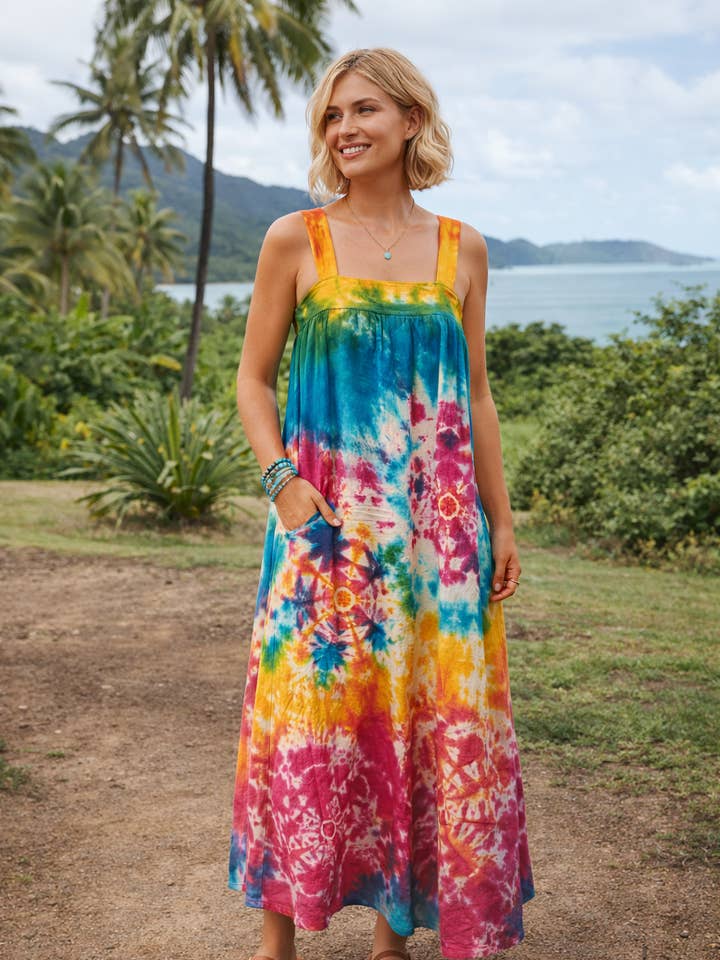 Tie Dye Square Neck Sleeveless Cotton Dress for wholesale by Zumi