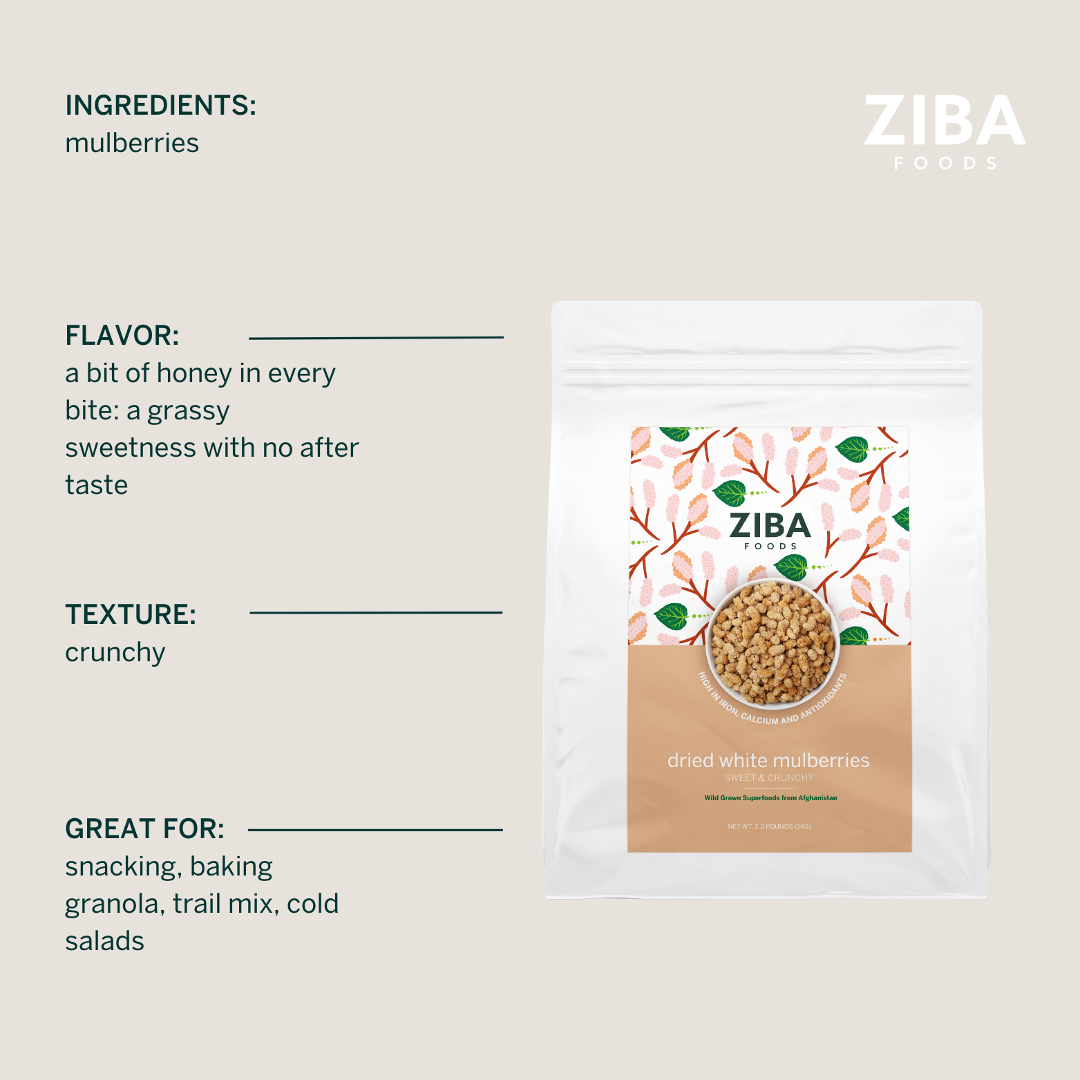 Ziba Foods - Wholesale Dried/Dehydrated Fruit - Dried White Mulberries Bulk, Vegan 1kg5