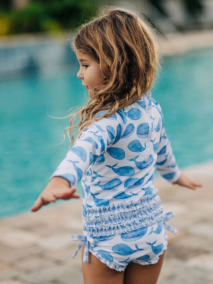 Girls Swimsuit - Ruffle Bottom - Whales for wholesale by Sugar Bee Clothing