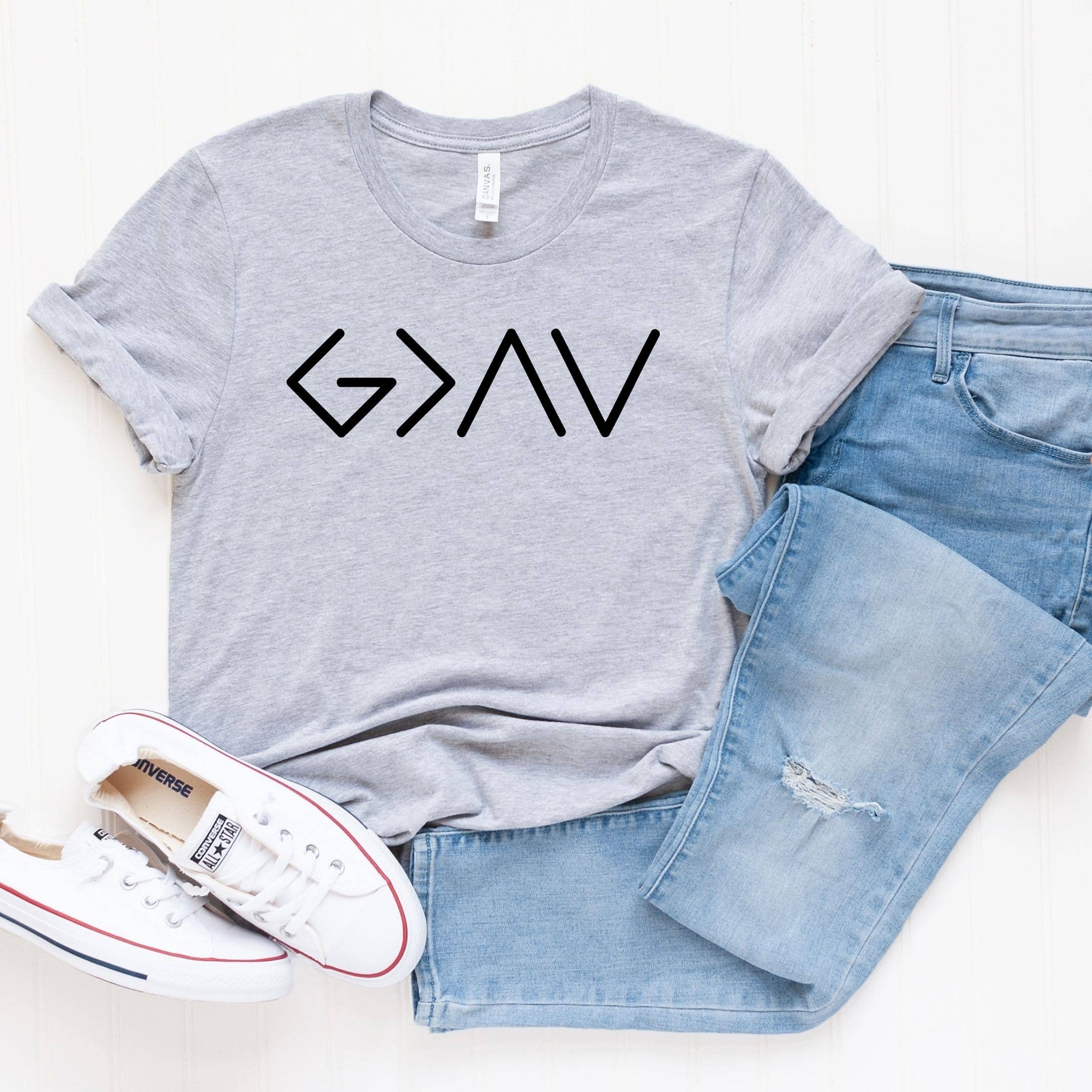 Simply Tees - Wholesale Screen Printed T-Shirt - Women's - God is Greater Gray Tee Black Ink0