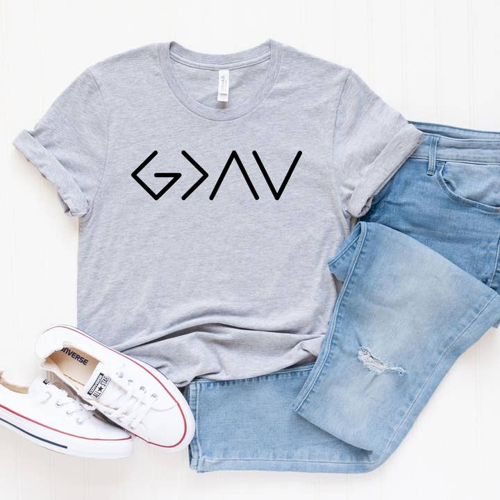 Simply Tees - Wholesale Screen Printed T-Shirt - Women's - God is Greater Gray Tee Black Ink