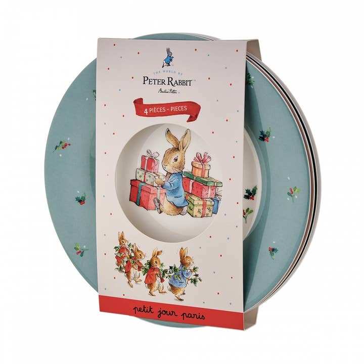 BP920NAS Conjunto de 4 pratos de sobremesa de Natal Peter Rabbit por atacado de Petit Jour Paris