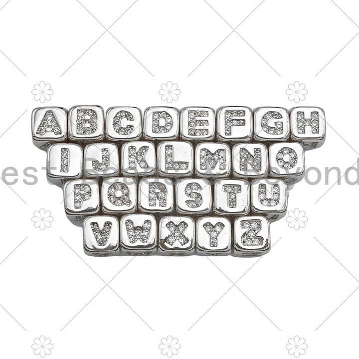 6mm Silver Alphabet CZ Micro Pave Large Hole Spacer Beads, Cubic Zirconia Cube Letter Beads, Initial Letter Beads, sku#JL42 for wholesale by BestBeads&Beyond