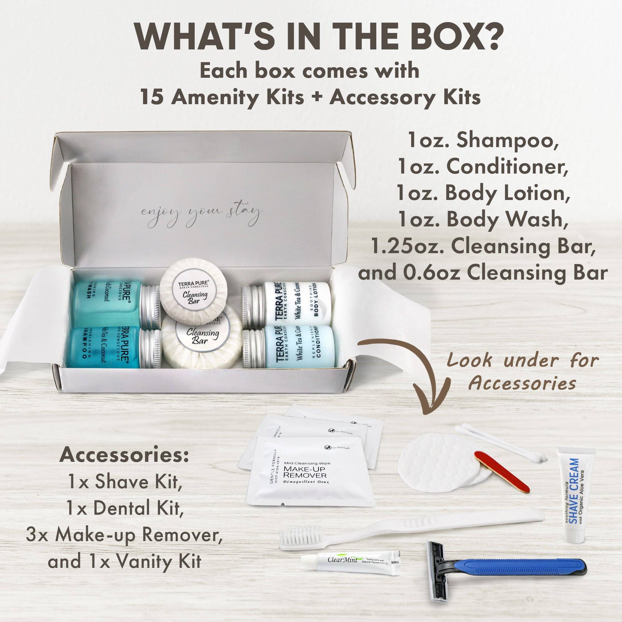 Diversified Hospitality Solutions - Wholesale Bath & Body Set - Terra Pure White Tea & Coconut Amenity & Accessory Kit |1oz Travel Size Shampoo, Conditioner, Lotion, Body Wash, 2 Cleansing Bars, Shave & Dental Sets, Make-Up Remover Wipes, & Vanity Kit | 15 Boxes1
