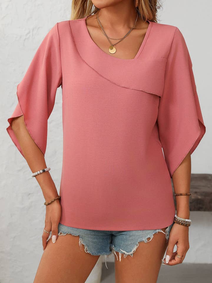 Lovesoft - Wholesale Blouse - Women's - Women's Ruffled Split Sleeve V-Neck Casual Flowing Chiffon Top