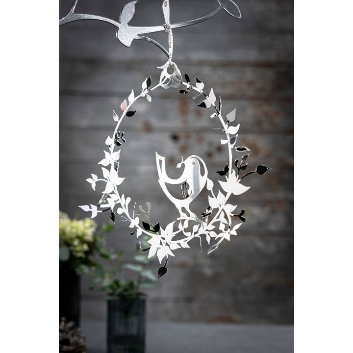 Bird with Flower Wreath, Silver, Small for wholesale by Jette Frölich Design