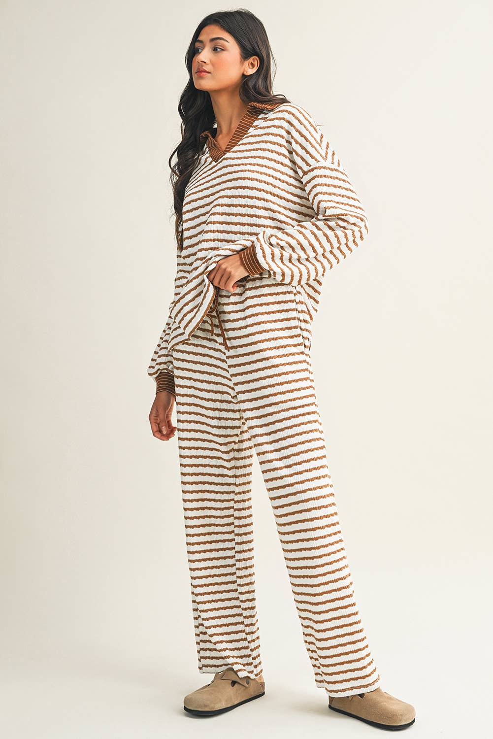 Little Daisy Closet - Wholesale Lounge Set - Women's -  LDC Stripe Collared Pullover Top and Drawstring Pant Set4