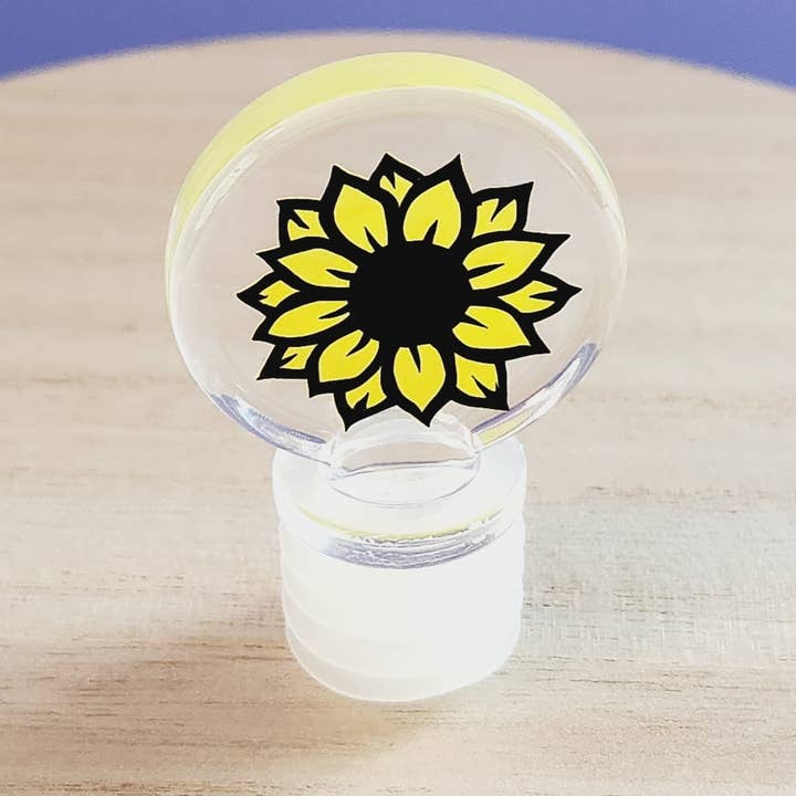 Sunflower wine bottle stopper, boho floral wine cork for wholesale by Colorful Creek Studio