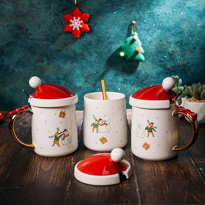 The Wine Savant / Khen Glassware - Wholesale Coffee Mug - Christmas Coffee Mug Santa and Deer Red Lid with Spoon - Set2