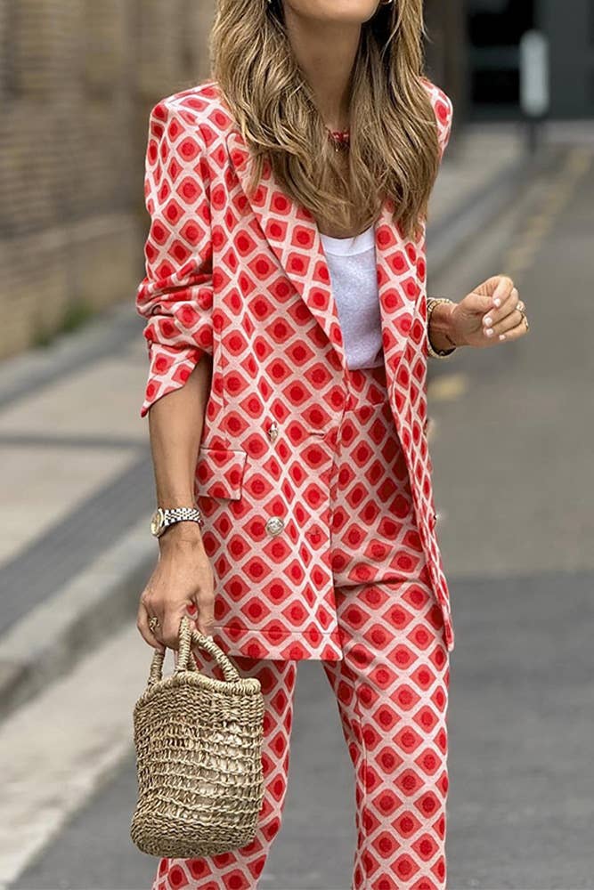 Red Rosy Print Long Sleeves Two Pieces Suit Set JRM091 for wholesale on Faire