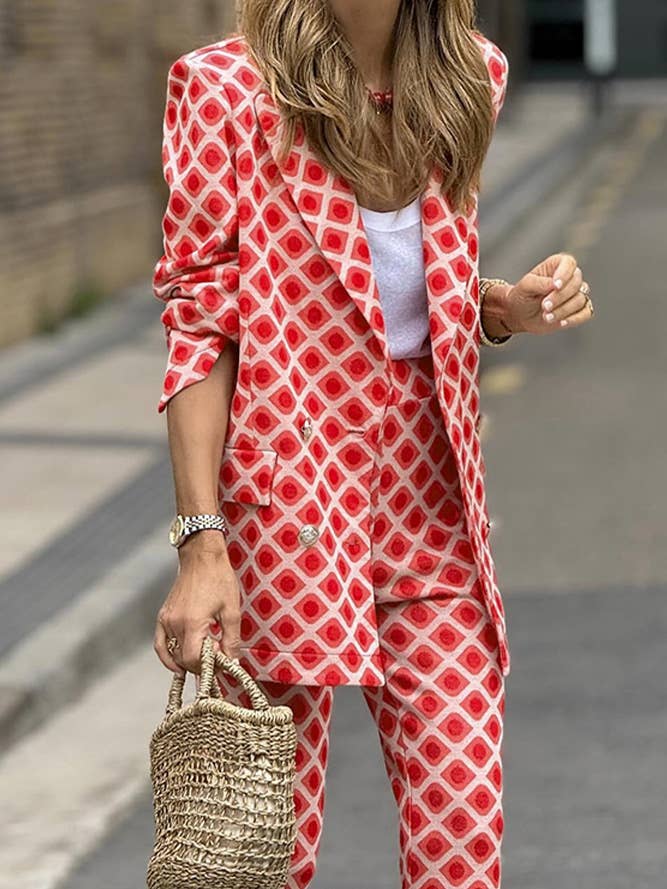 Red Rosy Print Long Sleeves Two Pieces Suit Set JRM091 for wholesale on Faire