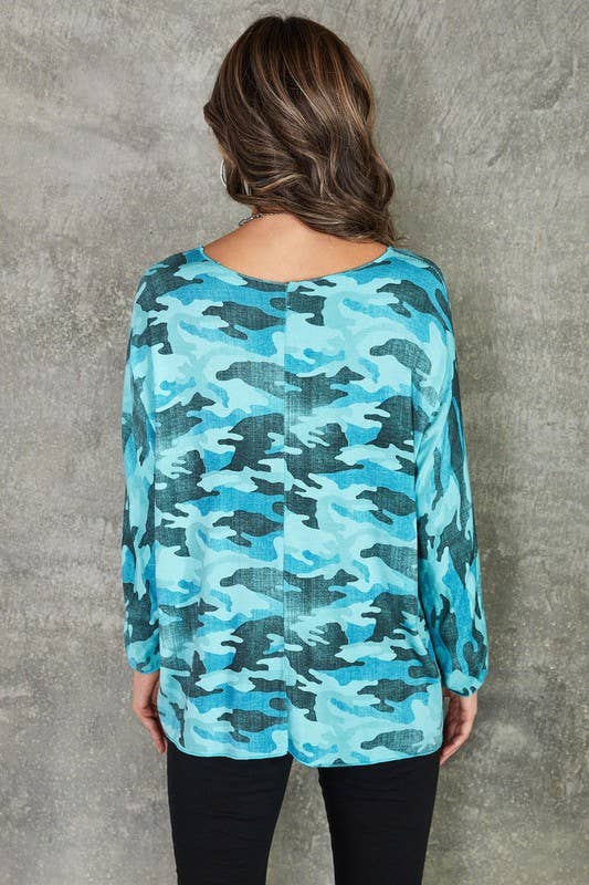 Turquoise Camo CAMOUFLAGE PRINT LONG SLEEVE V-NECK TOP (9638-CAMOUFLAGE) for wholesale on Faire2