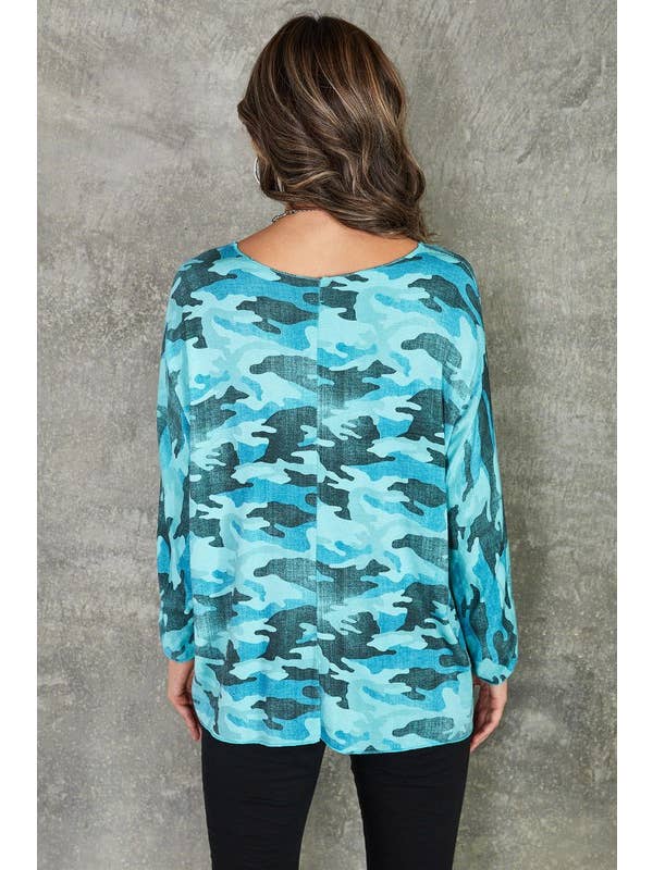 Turquoise Camo CAMOUFLAGE PRINT LONG SLEEVE V-NECK TOP (9638-CAMOUFLAGE) for wholesale on Faire2