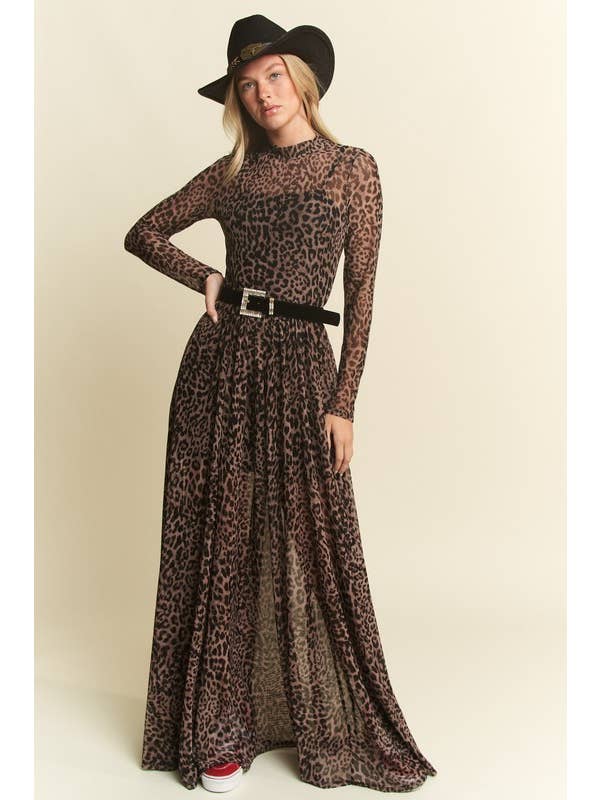 Black LONG SLEEVE MOCK NECK ANIMAL PRINT MESH MAXI DRESS KRD4340-4 for wholesale on Faire