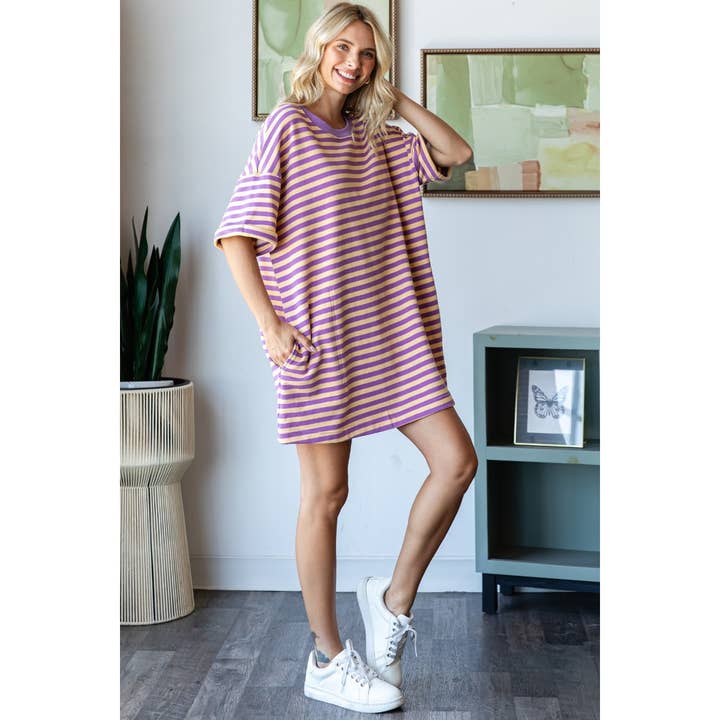 Veveret - Wholesale Dress - Women's - Stripe Knit Pullover Oversized Tee Dress