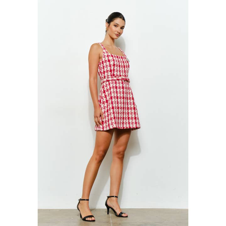 INA - Wholesale Dress - Women's - Check Tweed Brooch Detail Belted Mini Dress4