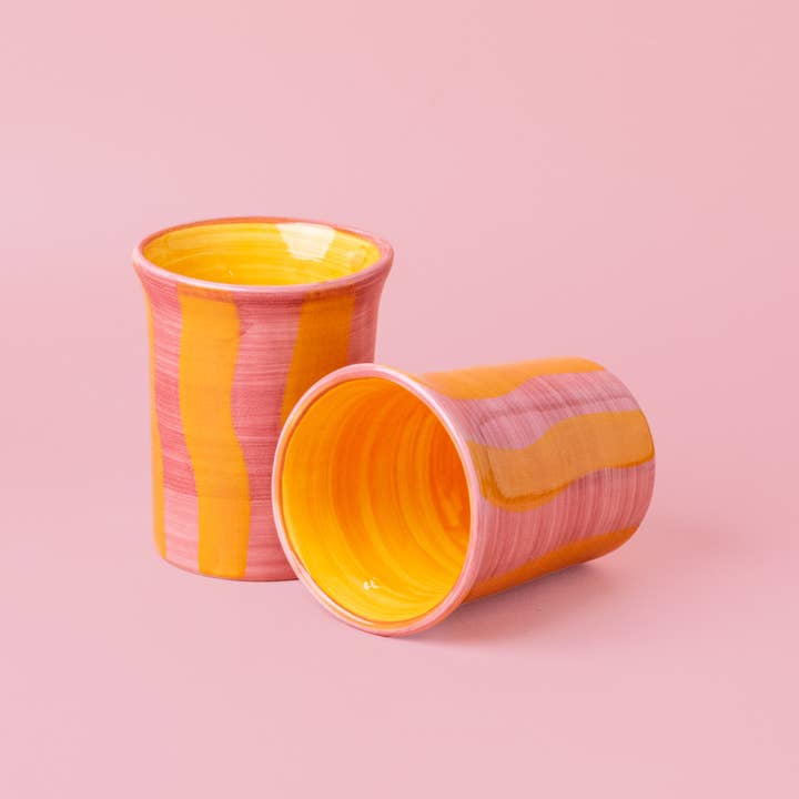 Alfar Tierra Cocida - Wholesale Drinking Glass/Cup - Ceramic breakfast cup 250 ml/PEPA Pink and Yellow Stripes