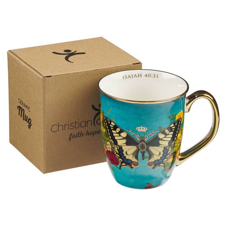 Christian Art Gifts - Wholesale Coffee Mug - Mug Teal/White Butterfly Hope Isa. 40:311