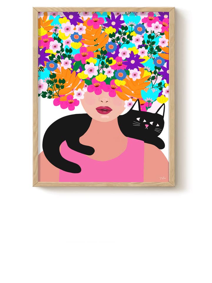 Bloemen Haar Meisje Kat Kunst Print Muur Decor Illustraties voor wholesale door The Paper Tail