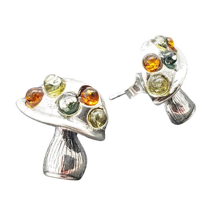 Mushroom Multi-Color Amber Sterling Silver Stud Earrings for wholesale by Amberman
