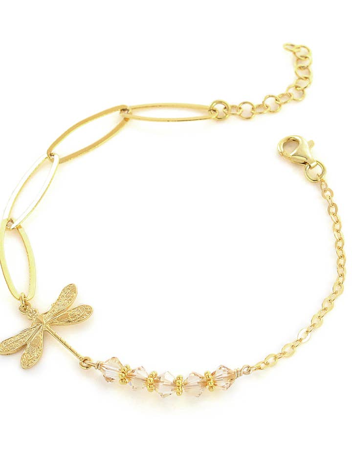 Bracelet libellule plaqué or 18K avec cristaux Golden Shadow pour la vente par DIGE DESIGNS