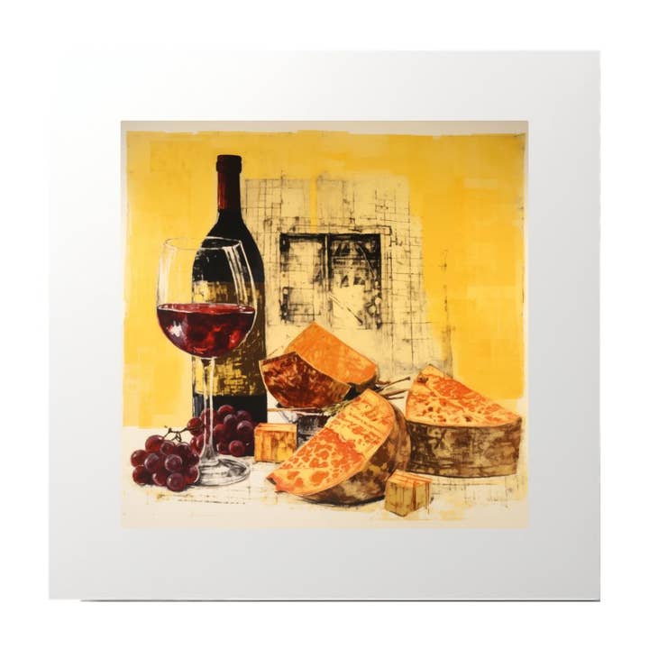 Monoprint Wine Cheese Art Print for wholesale by Artificial Ink
