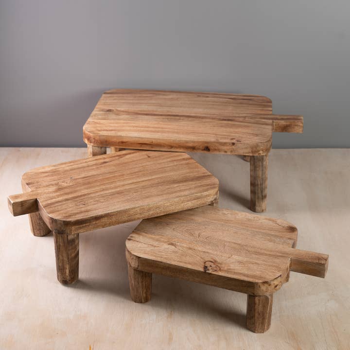 India Handicrafts Inc - Wholesale Desk Riser - Wooden Footed Butcher Blocks w/ Handles S/3