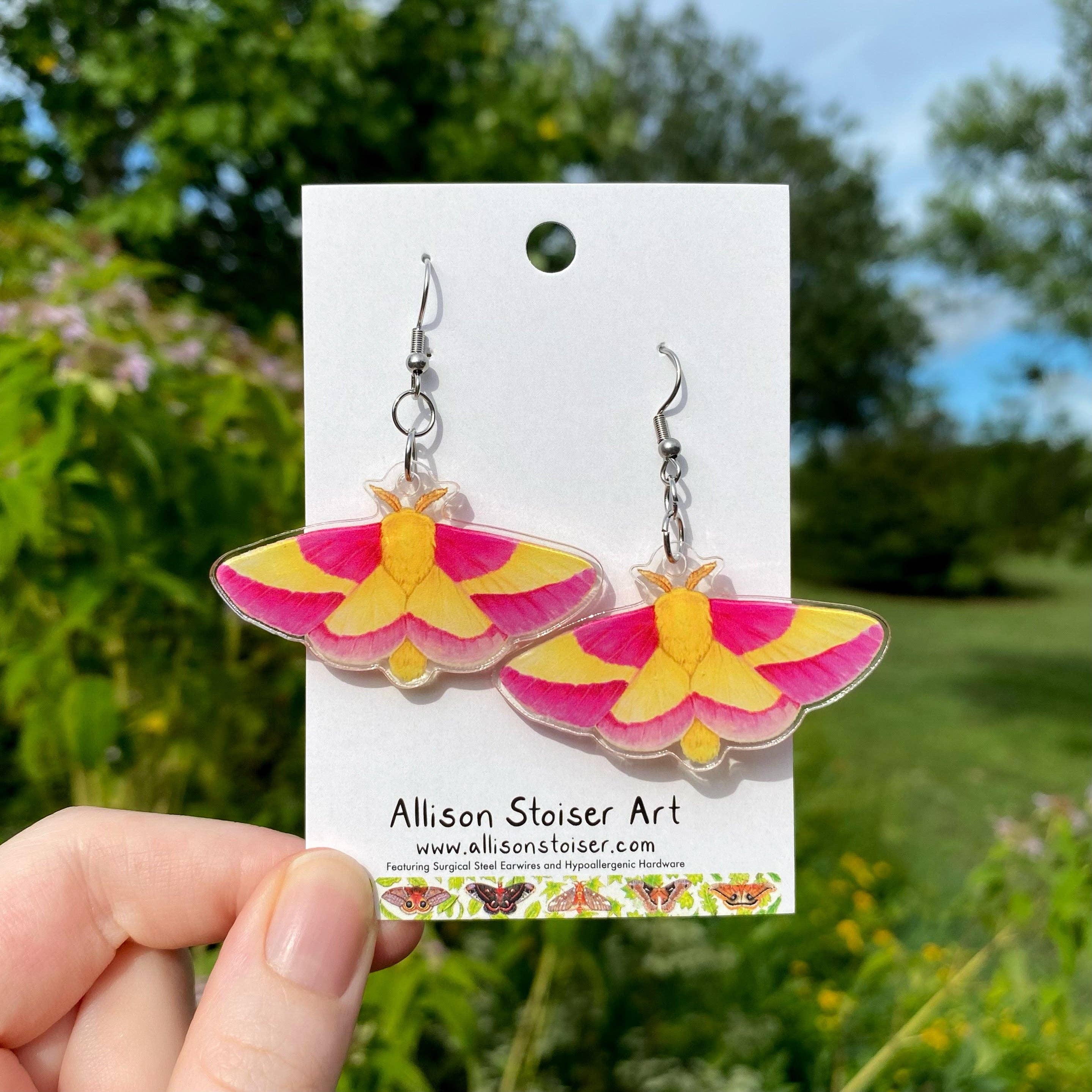 Allison Stoiser Art - Wholesale Dangle Earrings - Acrylic Rosy Maple Moth Earrings