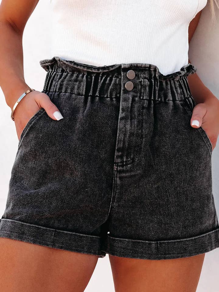 Paperbag Waist Denim Shorts with Pockets for wholesale by Salty Bloom
