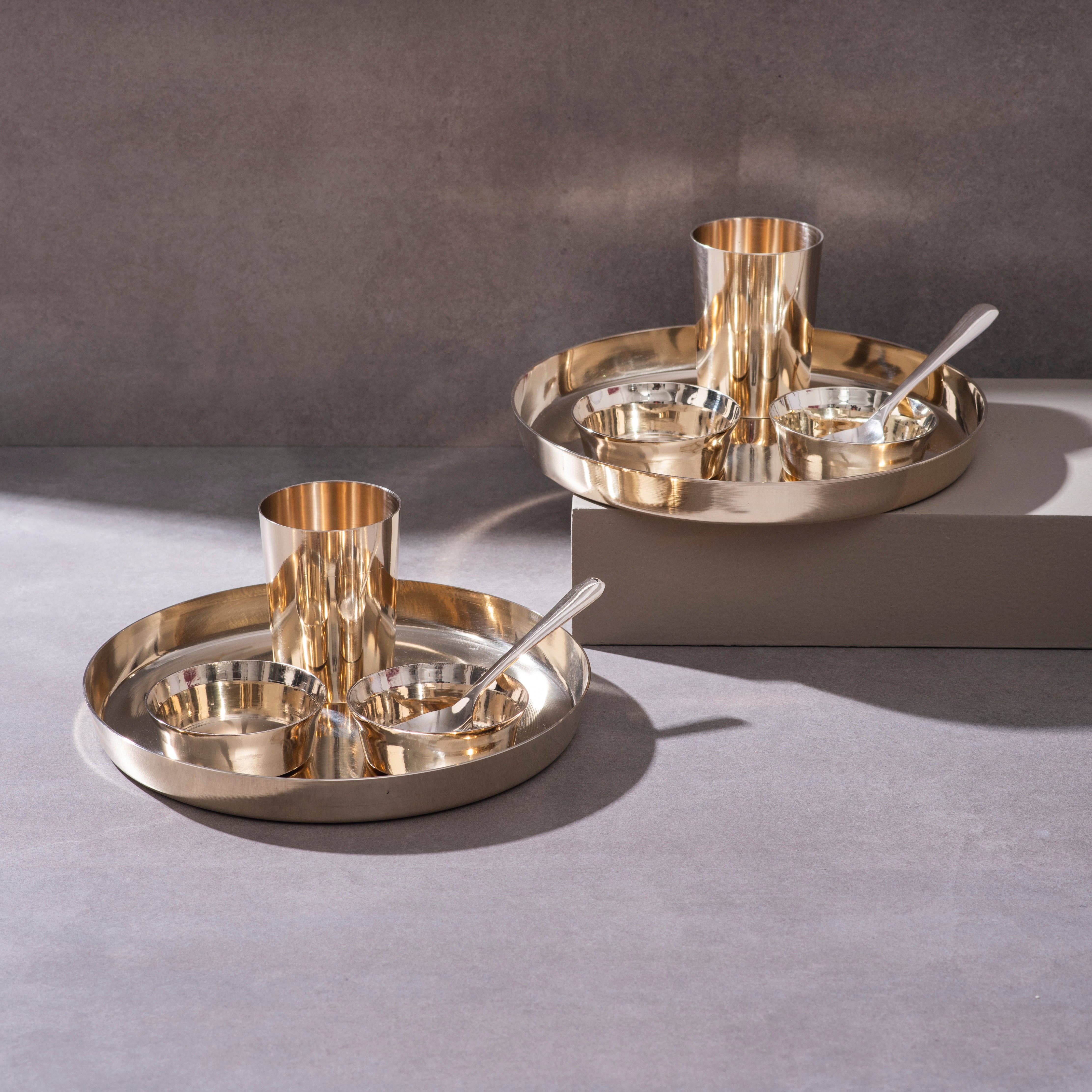 P-TAL - Wholesale Serving Plate - Bronze (Kansa) high hipped plate (Thaali) Set 11" - 5 pieces (1 Thaali, 2 bowls, 1 glass, 1 spoon)3