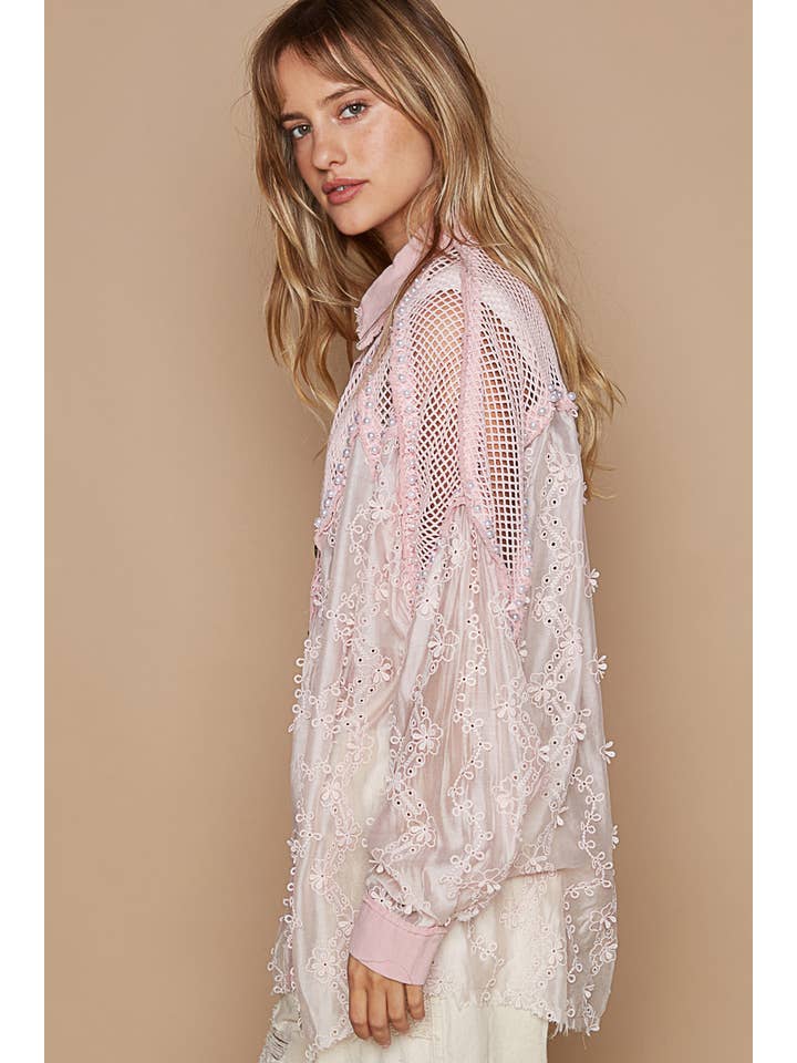 Pol Clothing - Wholesale Button Down Shirt - Women's - See through crochet patch peral trim button down shirt