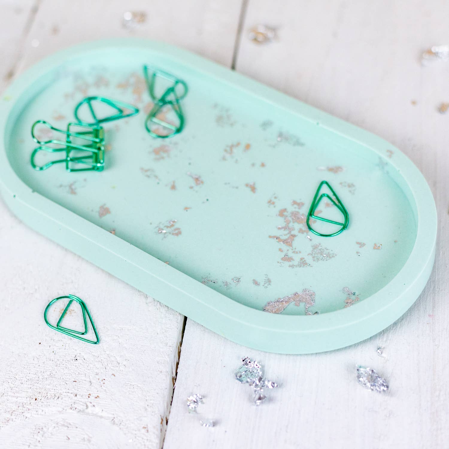 Nine Angels - Wholesale Jewelry Dish - Jesmonite oval trinket tray, pastel green with silver leaf1