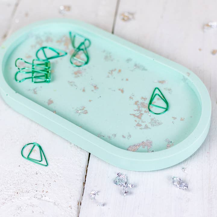 Nine Angels - Wholesale Jewelry Dish - Jesmonite oval trinket tray, pastel green with silver leaf1