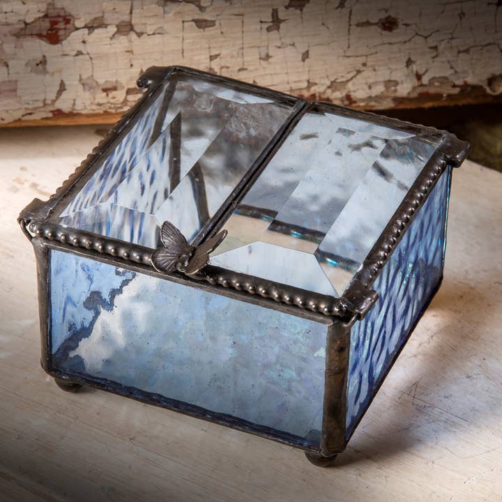 J Devlin Glass Art & Bert Anderson Collection - Wholesale Jewelry Box/Organizer - Blue Stained Glass Butterfly Lift Jewelry Box/Organizer