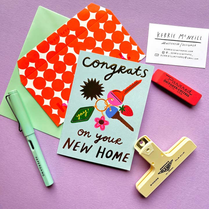 Kerrie Illustrates - Wholesale Congratulations card - Congrats On Your New Home Keys Greeting Card | Keyring Gold Foil Homeowner House Apartment Celebrate1