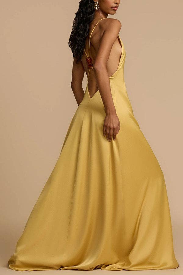 Gold 2025 NEW Summer Sexy Satin Backless VNeck Maxi Dress for wholesale on Faire5
