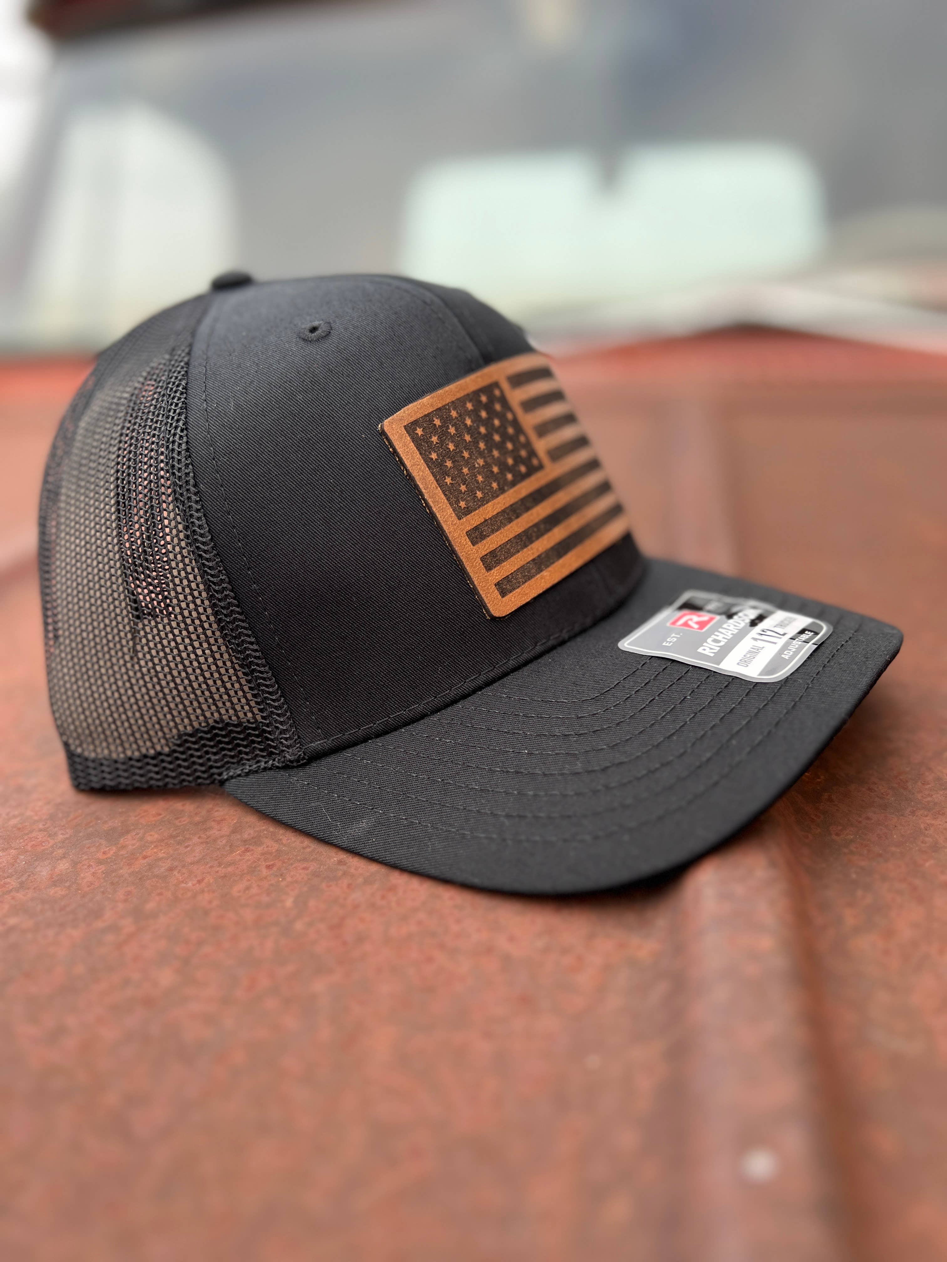 RiOak Design & Hat Co. - Wholesale Trucker Hat - Unisex - American Flag Black/Black Richardson 112 Baseball Cap1