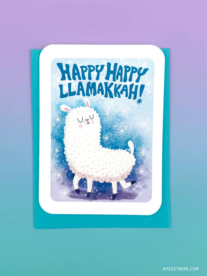 Happy Llamakkah - Funny Hanukkah Greeting Card with Pun for wholesale by My Zoetrope
