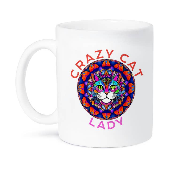 3dRose - Wholesale Coffee Mug - 3dRose, Crazy cat lady text and a stunning cat inside red and blue mandala, Mug8