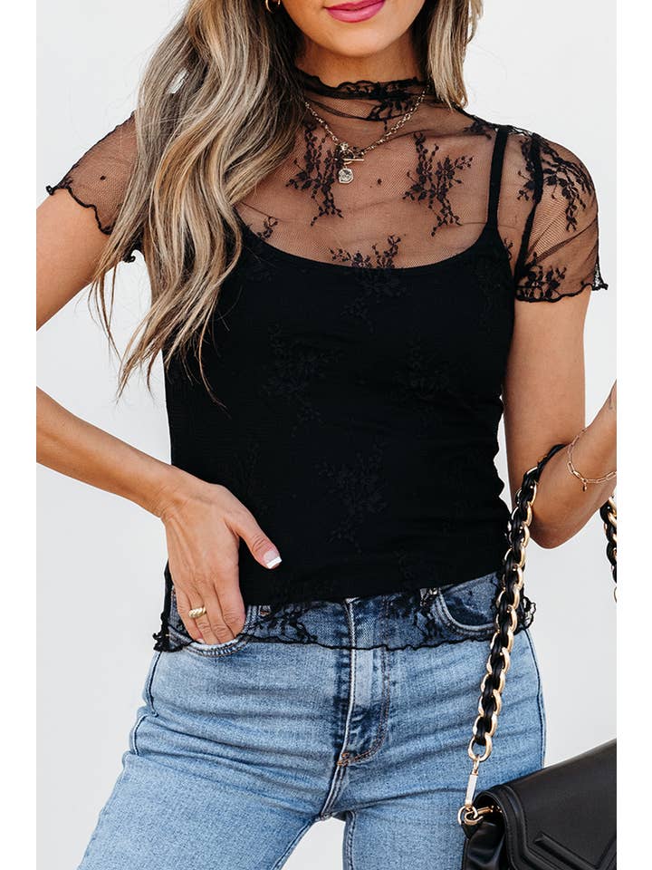 Black Floral Sheer Mesh Short Sleeve High Neck Blouse S-4X for wholesale on Faire