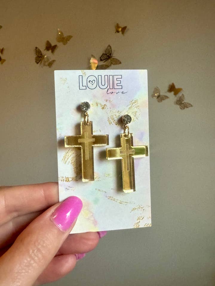 Acrylic Religious Gold Cross Christmas Earrings for wholesale by Louie Love